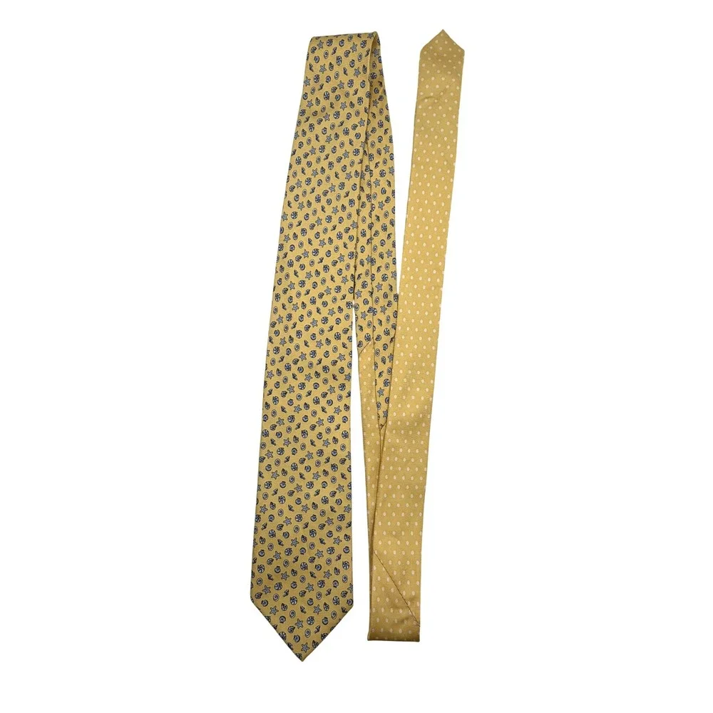 Pierre Cardin Mens Yellow Blue Coastal Seashell Starfish Dot Silk Tie 60
